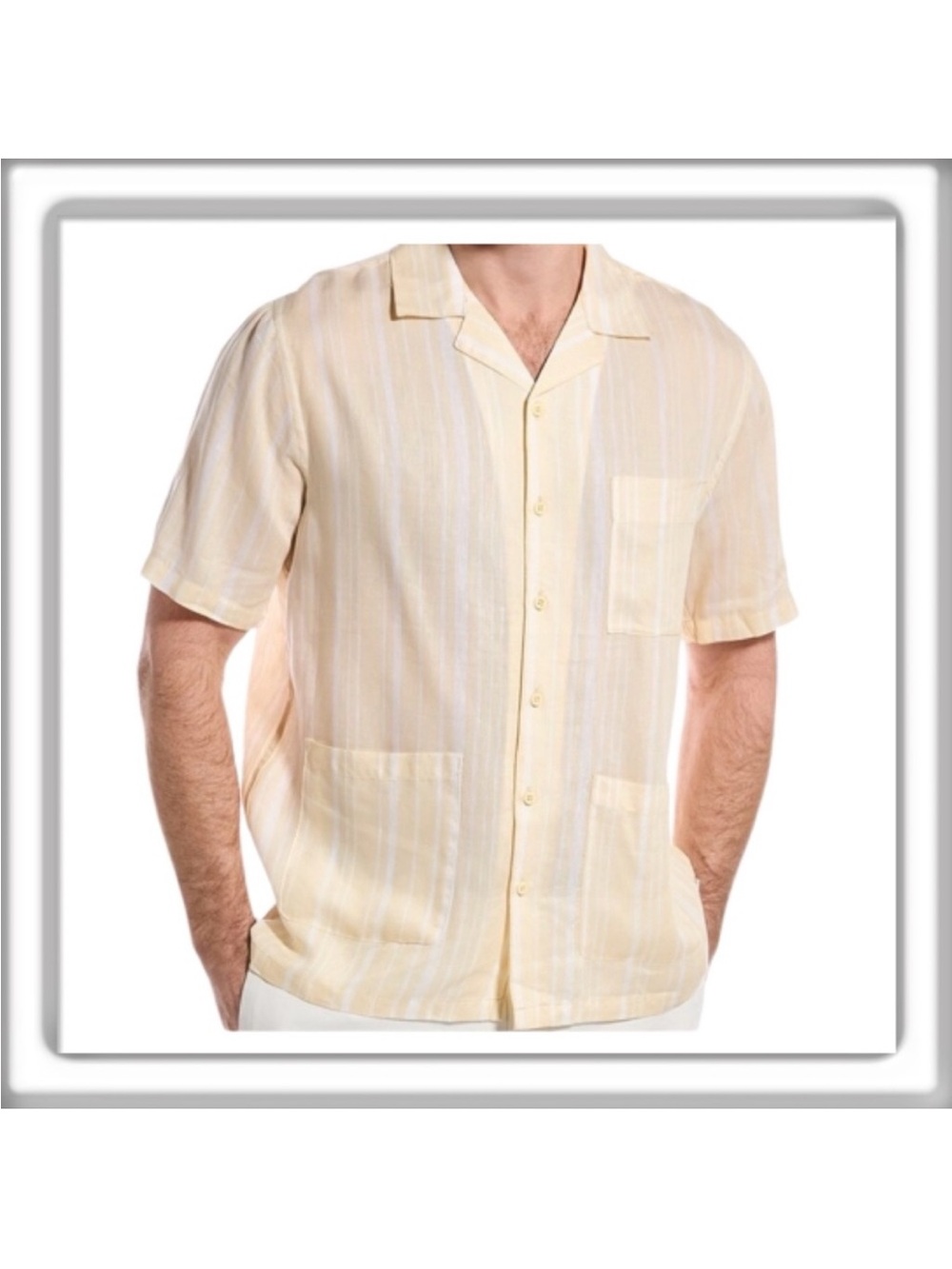 Onia Yellow White Striped Stretch Linen Utility Camp Shirt Short Sleeve Size L